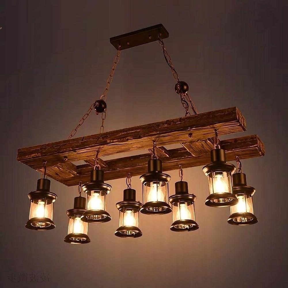 8-light Vintage Wood Glass Lantern LED Farmhouse Chandeliers Hanging Lamp