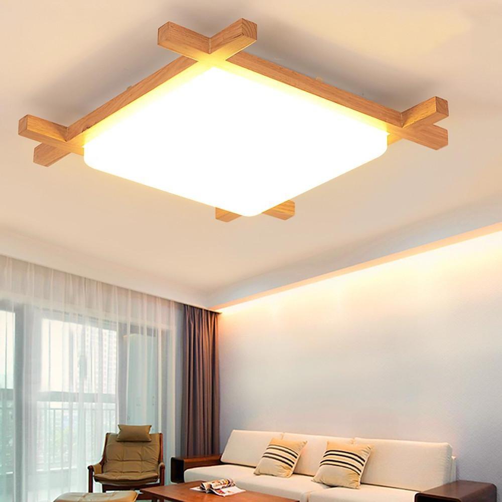 Square Rustic Wood Dimmable LED Modern Flush Mount Ceiling Light