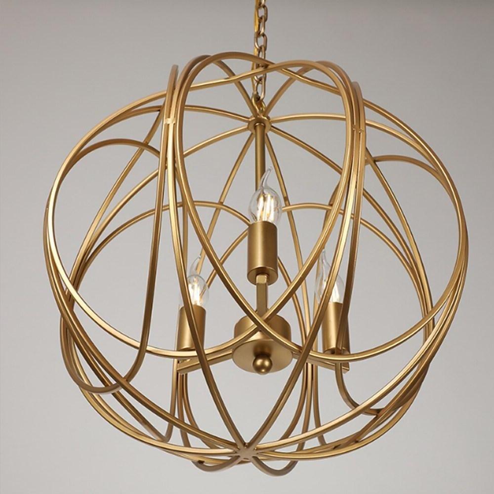 3 - Light LED Brass Globe Cage Candlestick Orb Chandelier