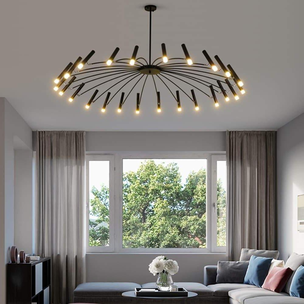 Modern 24-light Streamlined Round Chandelier - 24 LED Bulbs, 63'' Dia, Adjustable Height, Black Finish