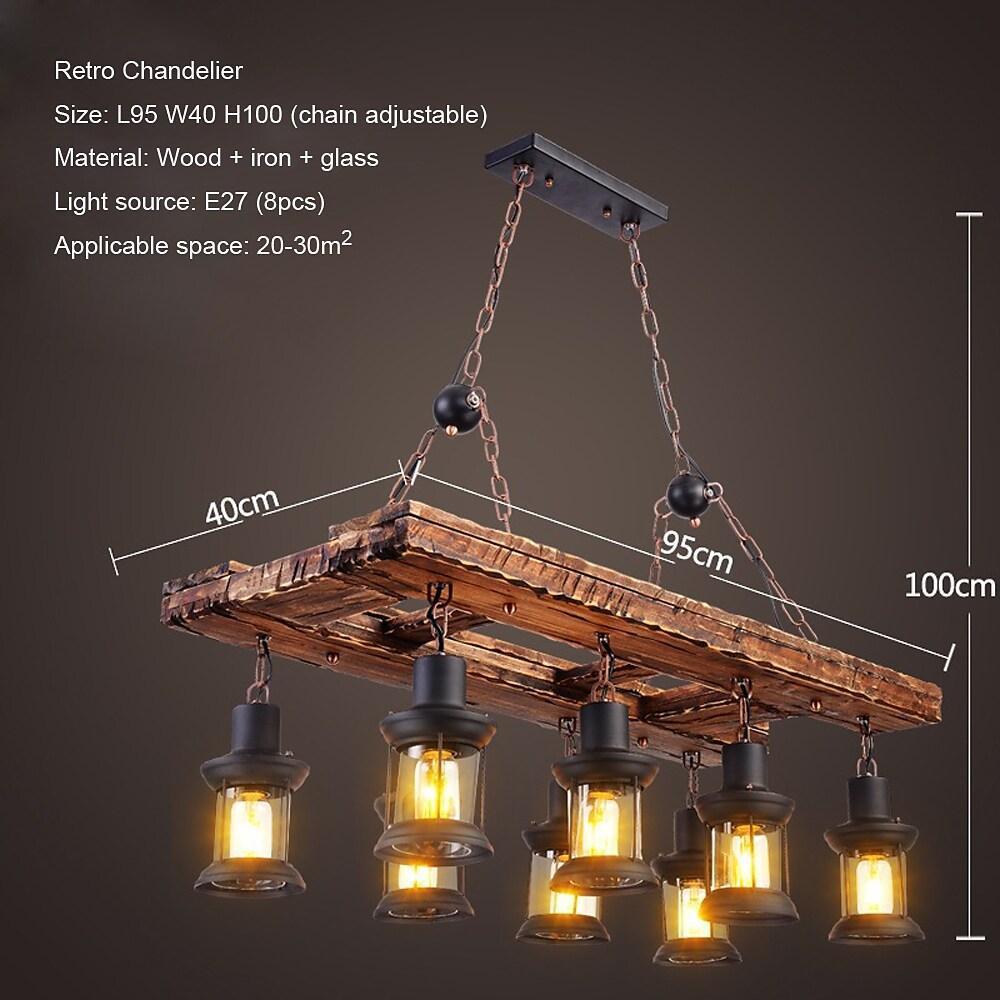 8-light Vintage Wood Glass Lantern LED Farmhouse Chandeliers Hanging Lamp