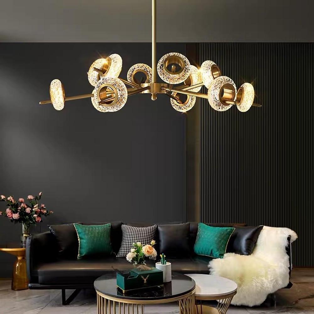 Modern Brass LED Chandelier with Ring Crystal Shades