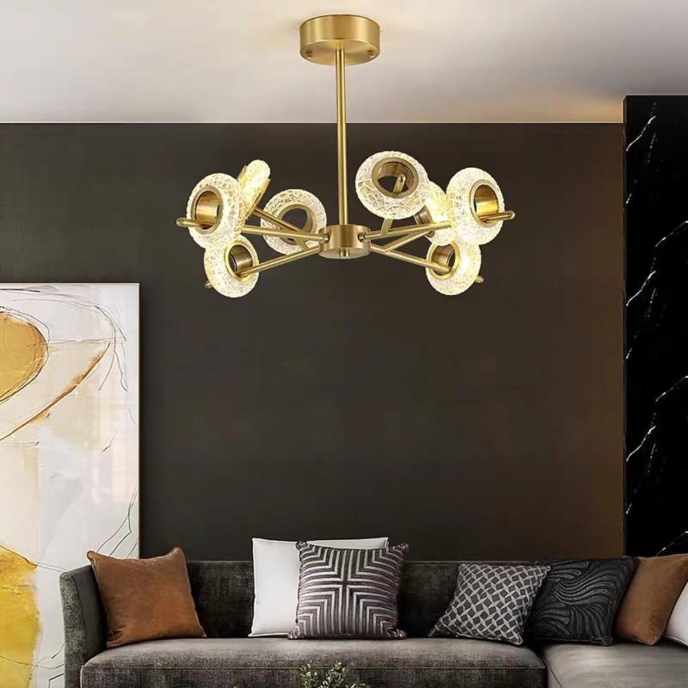 Modern Brass LED Chandelier with Ring Crystal Shades