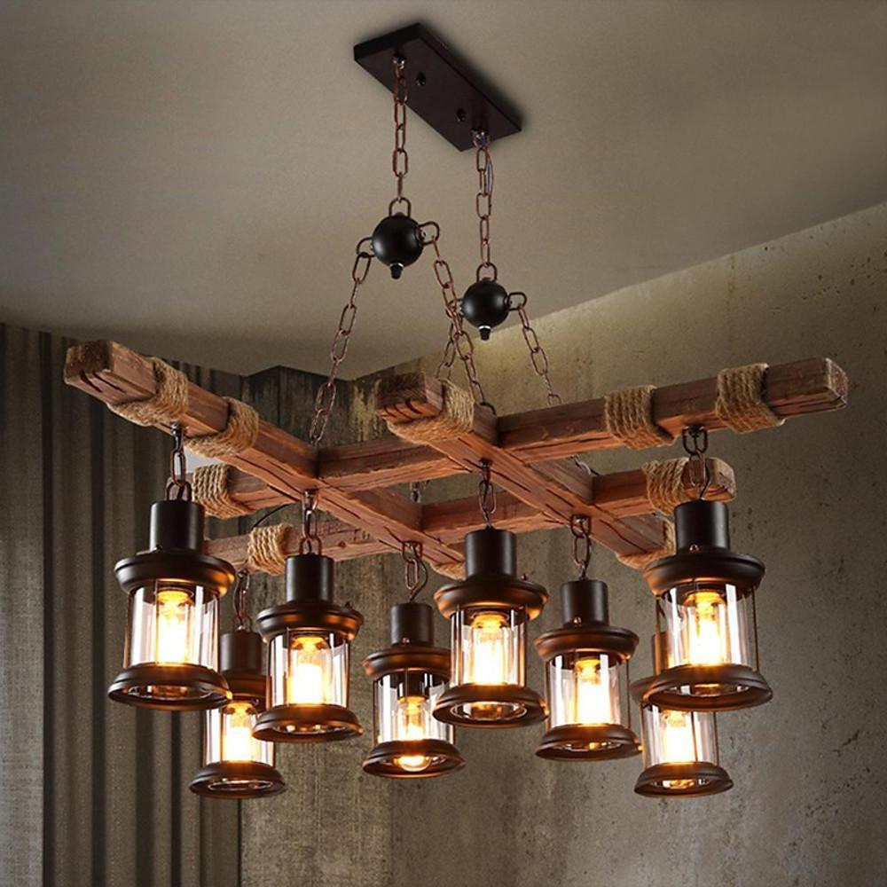 Vintage Wood Glass LED Farmhouse Pendant Lighting Chandeliers Island Lights