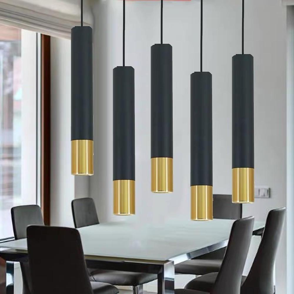 Elongated Cylinder Black and Gold Metal Shade LED Modern Pendant Light Island Hanging Lights