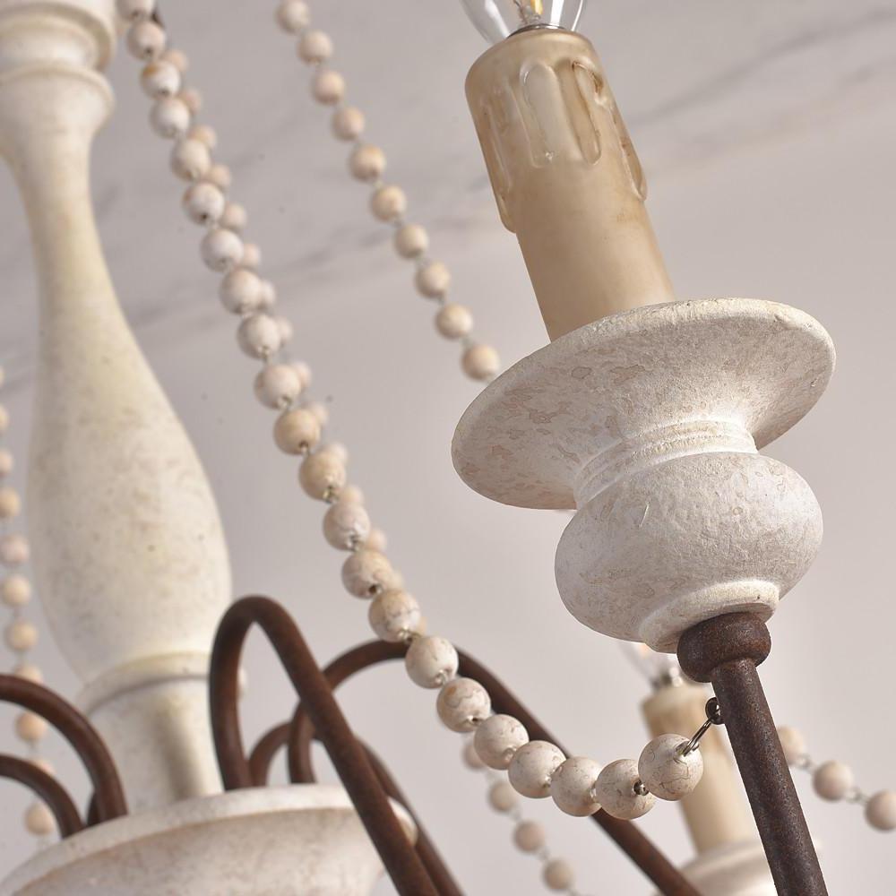 Rustic Farmhouse Wood Bead Chandelier with Teardrops Candle-Style Lights