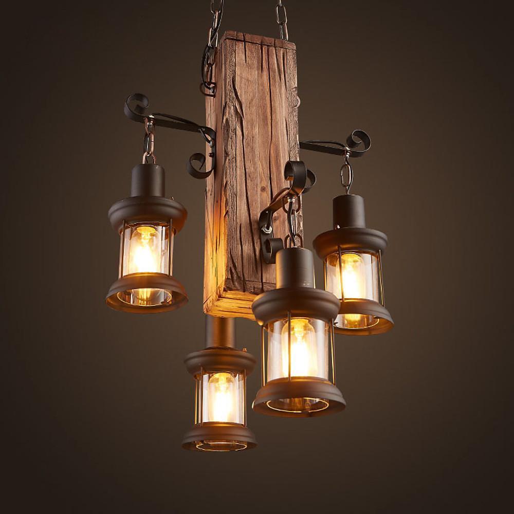 Lodge Style Farmhouse Chandelier Wooden Dining Room Chandeliers with 4 Lanterns Lights