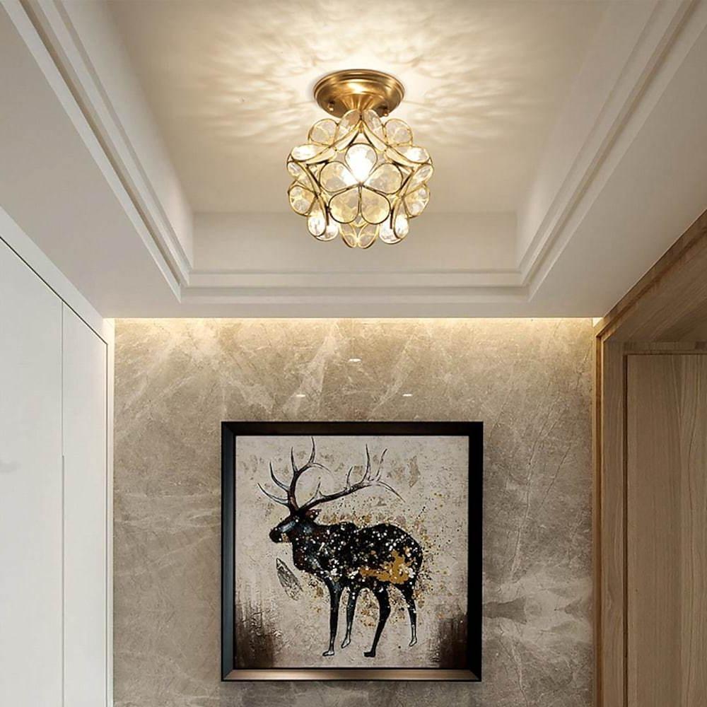 Candelabra Flower Hallway Flush Mount Lighting Copper Glass LED Ceiling Light