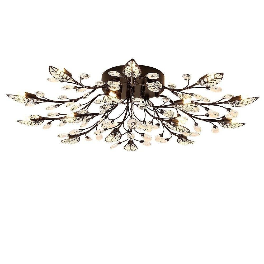 Crystal Leaves Brushed Flush Mount Ceiling Chandelier