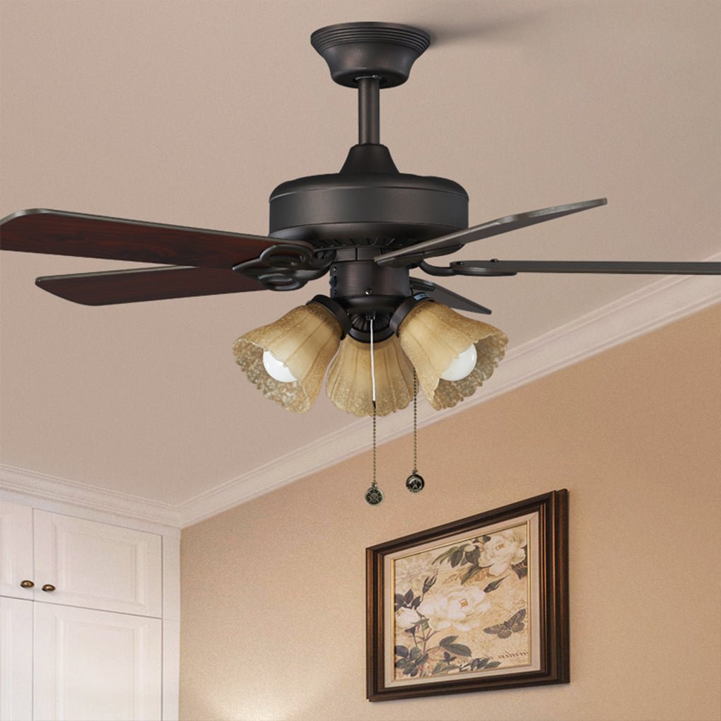 Retro Pastoral Hanging Noiseless Heat Resistant Wood Blade Ceiling Fan Lamp