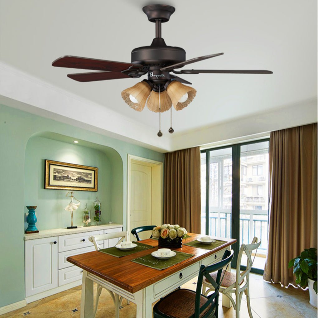 Retro Pastoral Hanging Noiseless Heat Resistant Wood Blade Ceiling Fan Lamp