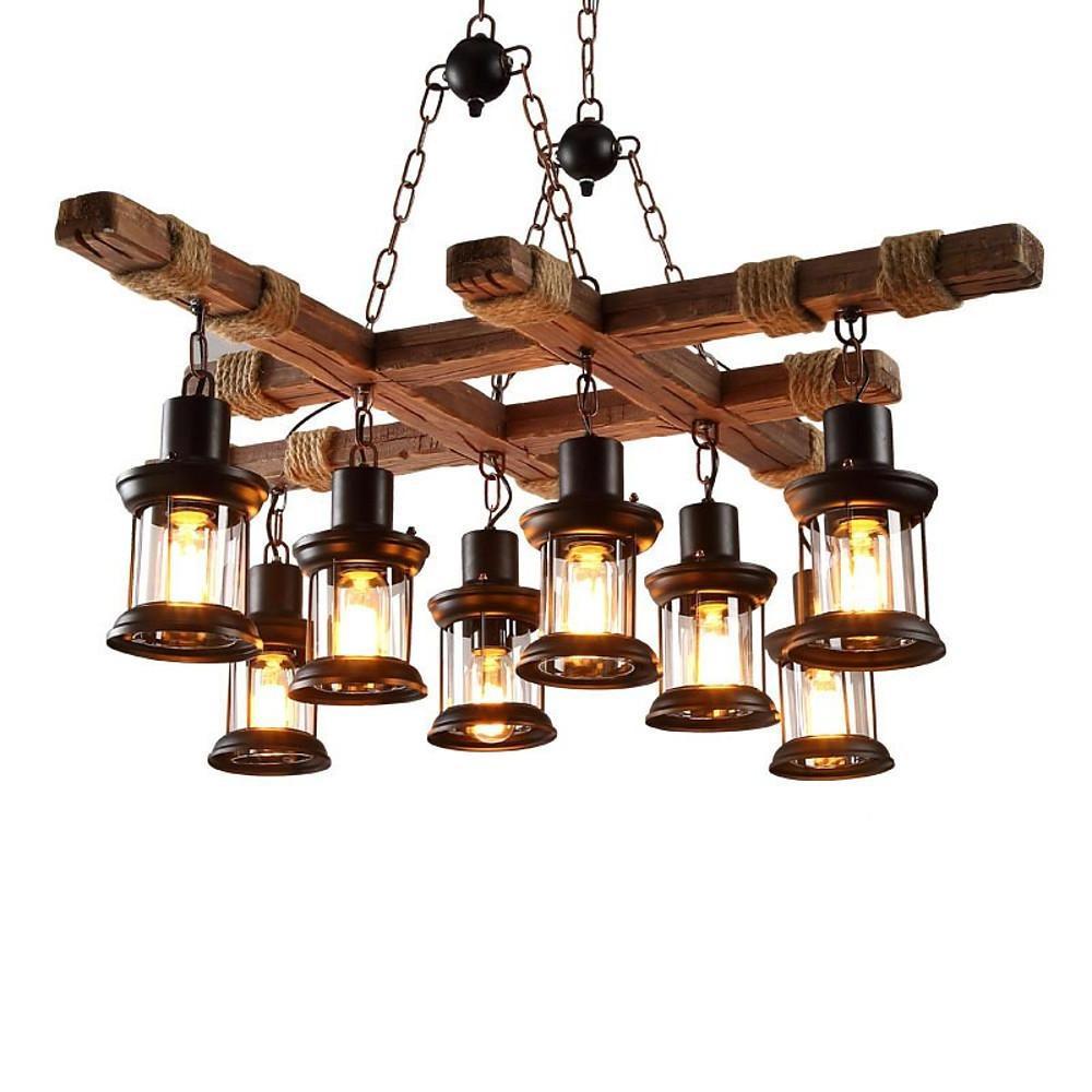 Vintage Wood Glass LED Farmhouse Pendant Lighting Chandeliers Island Lights