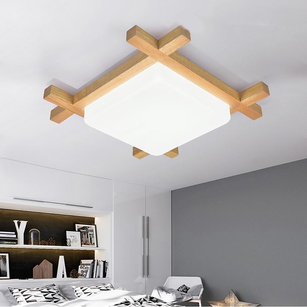 Square Rustic Wood Dimmable LED Modern Flush Mount Ceiling Light