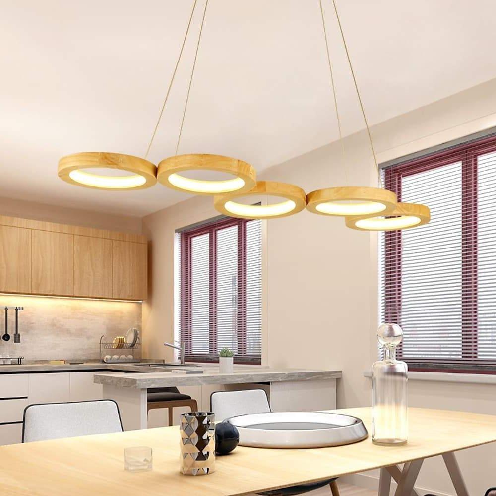 4 Circle Light Modern Wood Bamboo Acrylic Design Pendant Lighting LED Kitchen Lighting Dining Room Lighting Ceiling Light