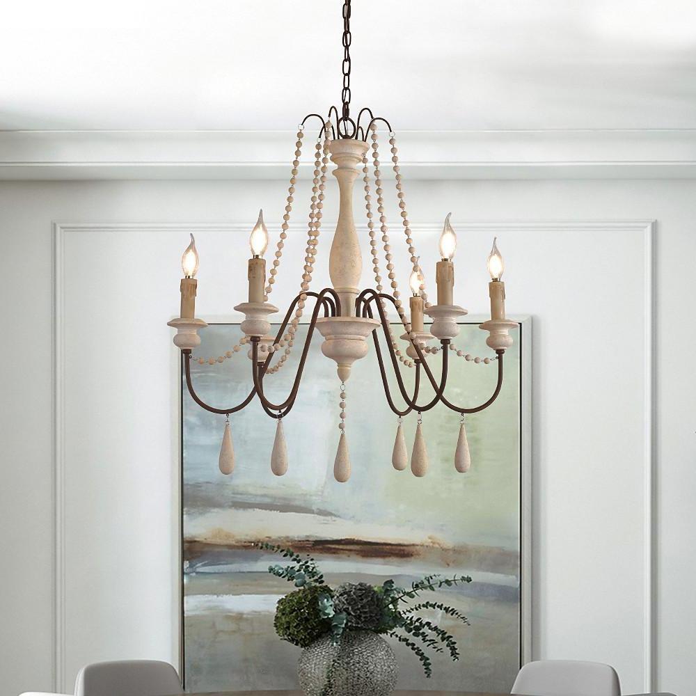 Rustic Farmhouse Wood Bead Chandelier with Teardrops Candle-Style Lights