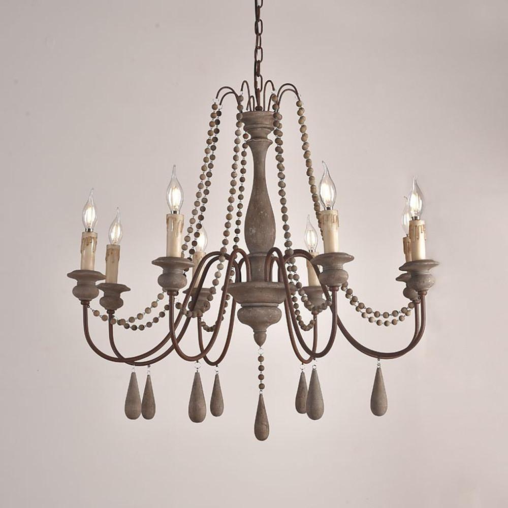 Rustic Farmhouse Wood Bead Chandelier with Teardrops Candle-Style Lights