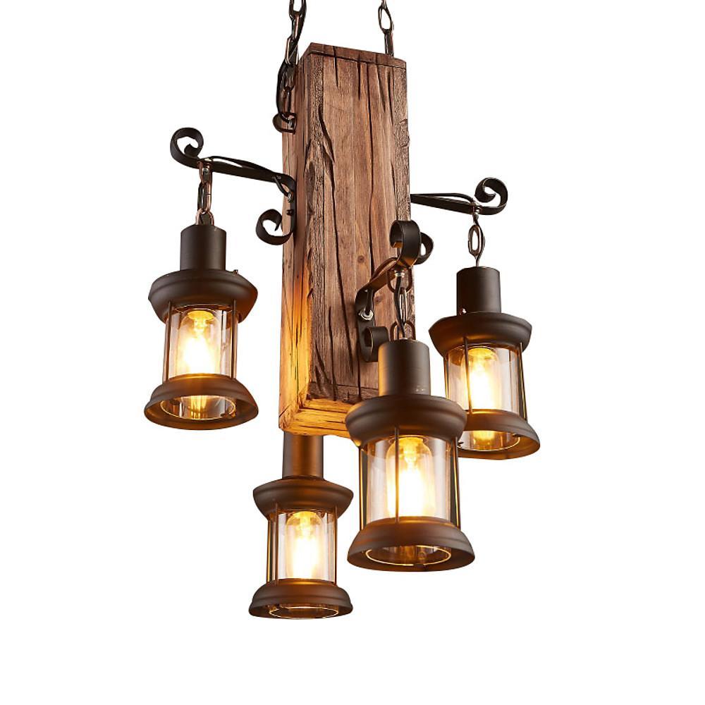 Lodge Style Farmhouse Chandelier Wooden Dining Room Chandeliers with 4 Lanterns Lights