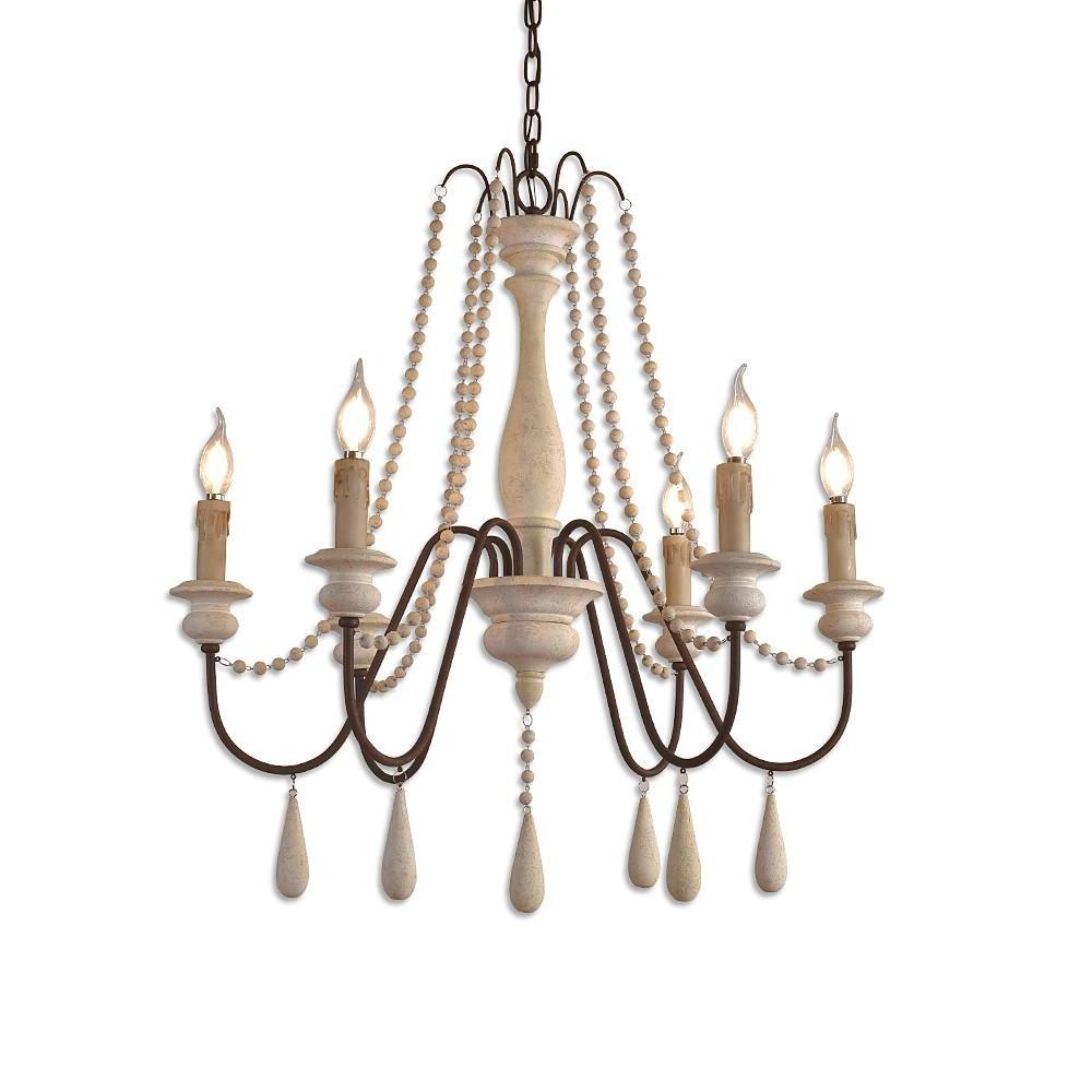 Rustic Farmhouse Wood Bead Chandelier with Teardrops Candle-Style Lights