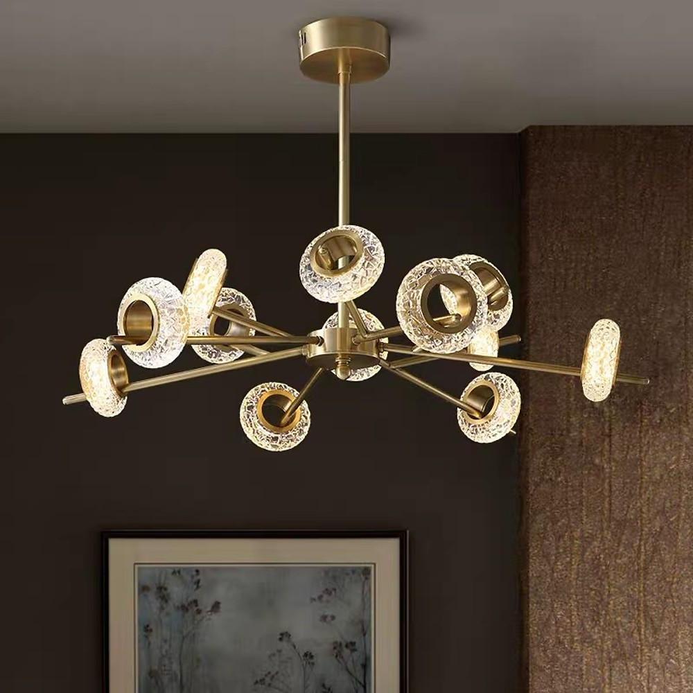 Modern Brass LED Chandelier with Ring Crystal Shades