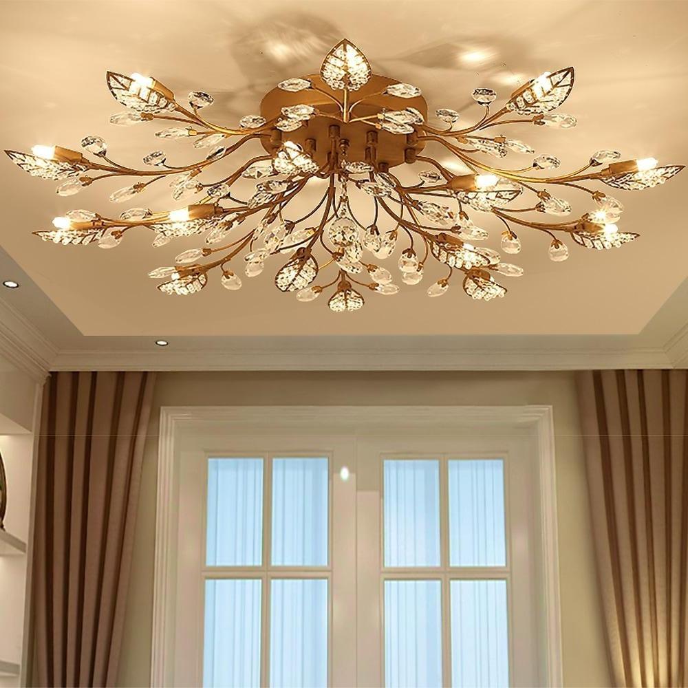 Crystal Leaves Brushed Flush Mount Ceiling Chandelier