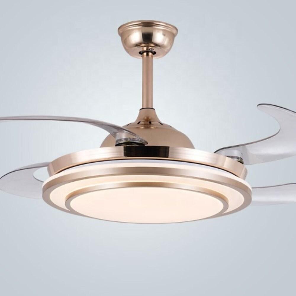 4 Blade Gold Finish Chandelier Retractable Ceiling Fan With LED Light