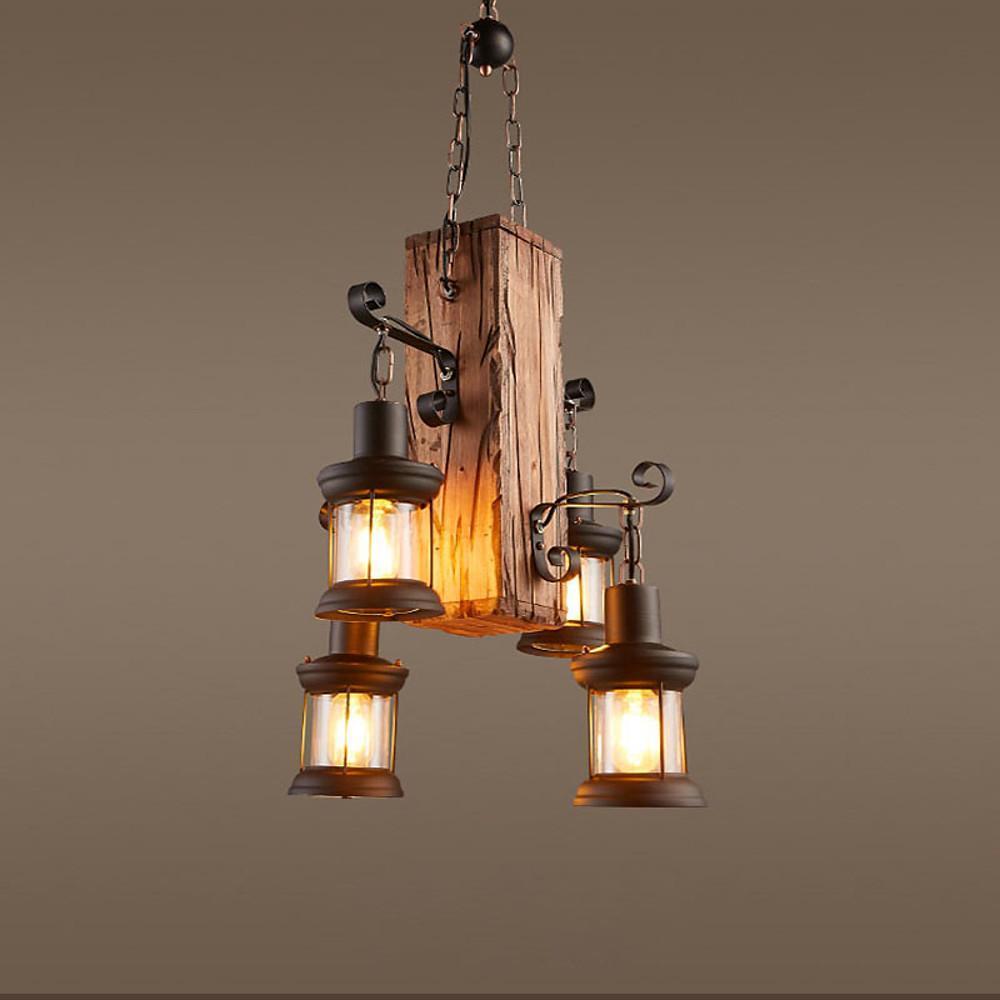 Lodge Style Farmhouse Chandelier Wooden Dining Room Chandeliers with 4 Lanterns Lights