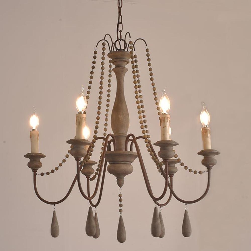 Rustic Farmhouse Wood Bead Chandelier with Teardrops Candle-Style Lights