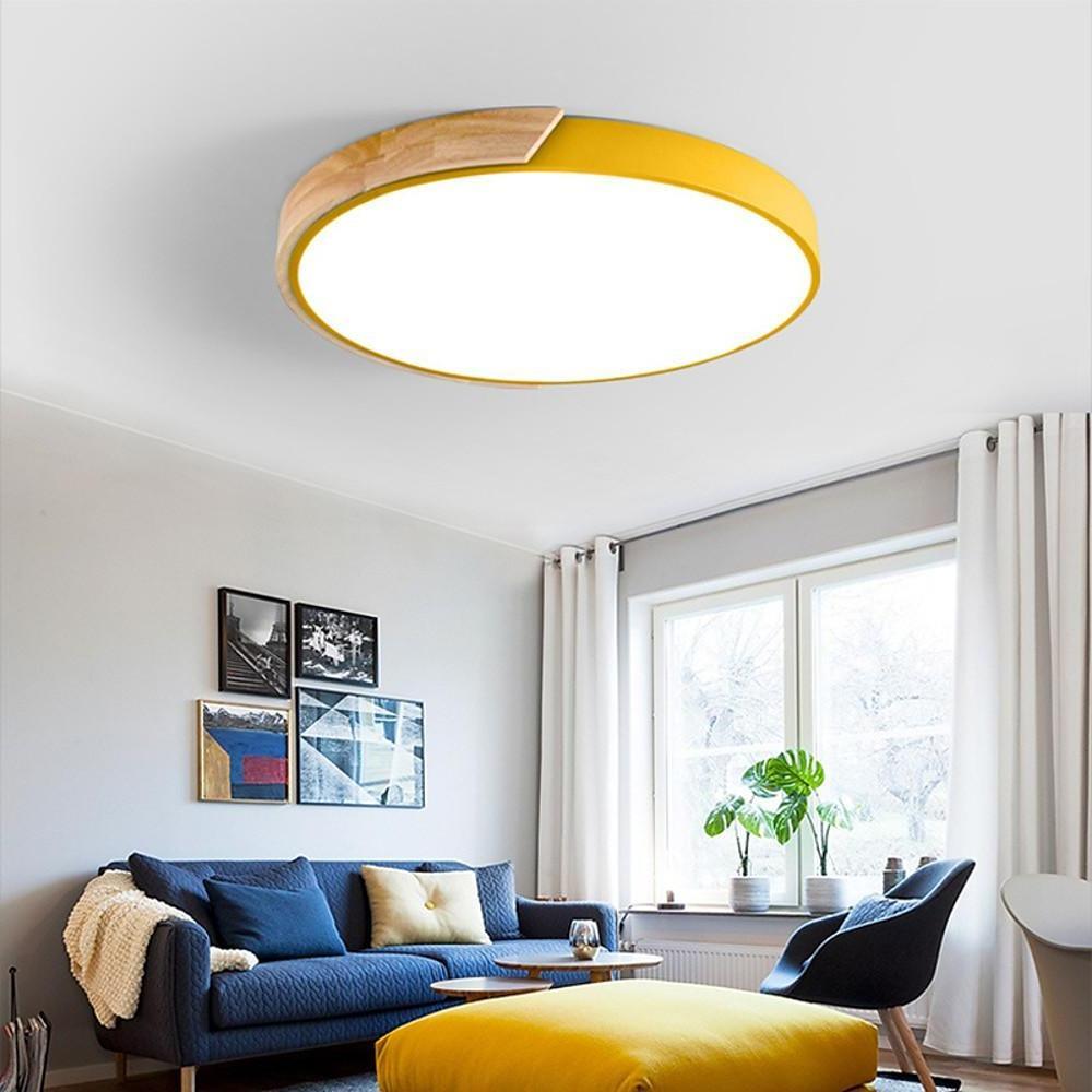 Circular Modern LED Metal Wood Flush Mount Ceiling Light for Living Room