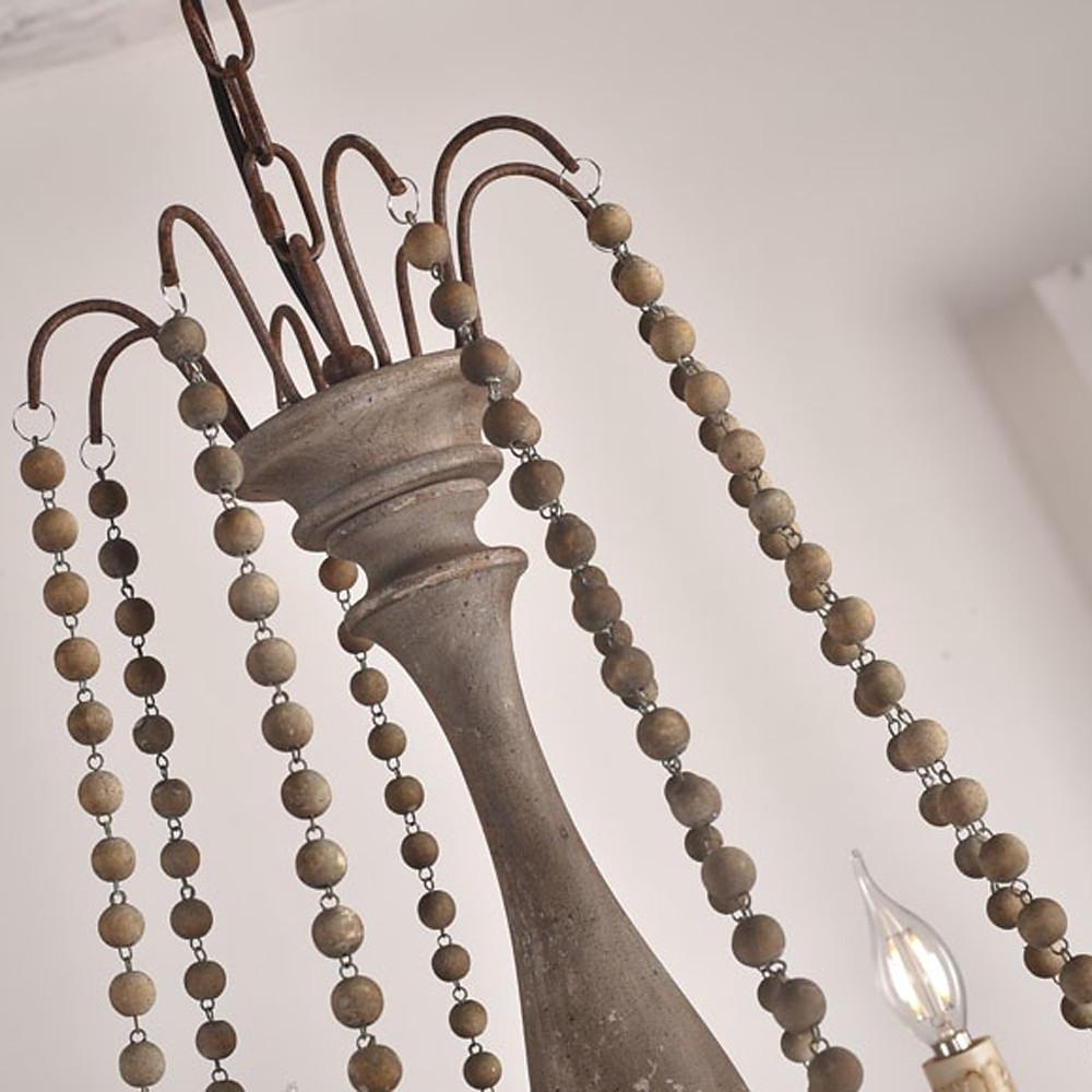 Rustic Farmhouse Wood Bead Chandelier with Teardrops Candle-Style Lights