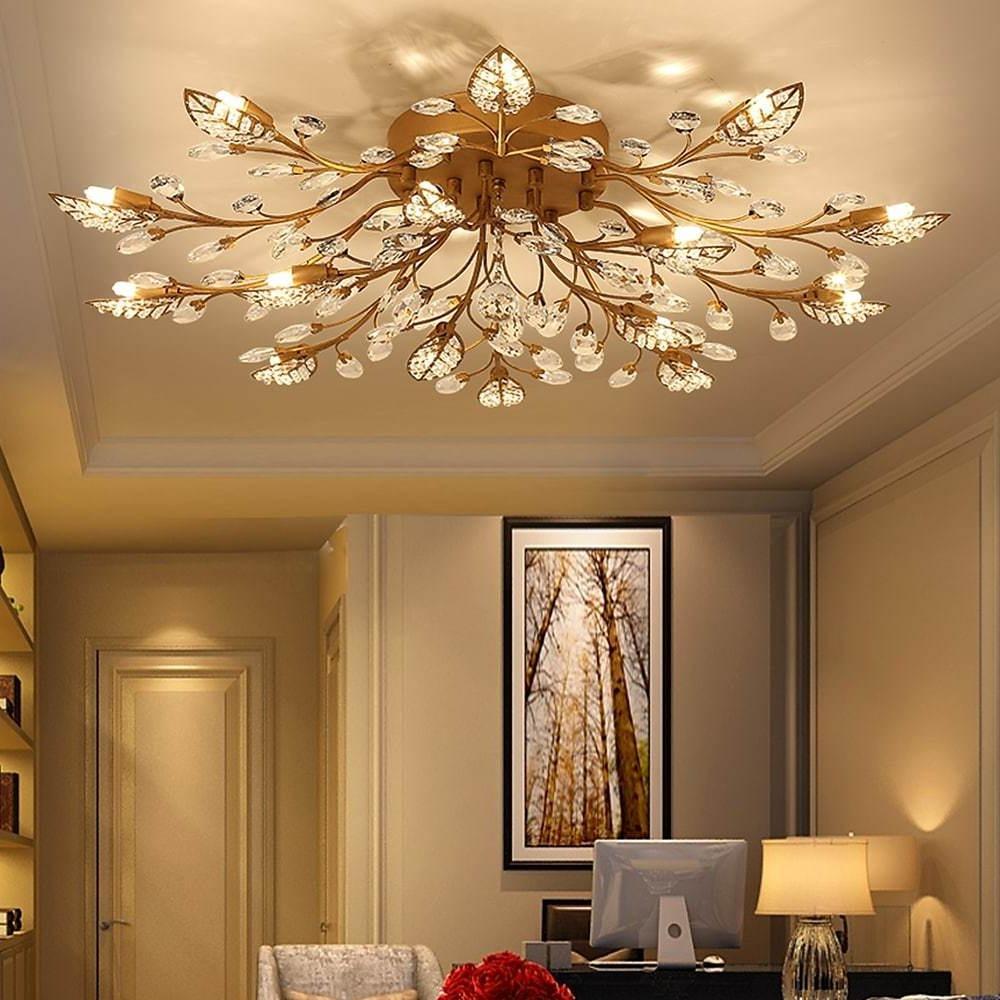 Crystal Leaves Brushed Flush Mount Ceiling Chandelier