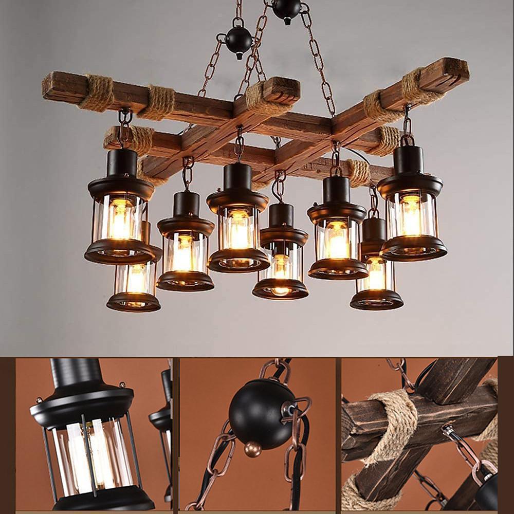 Vintage Wood Glass LED Farmhouse Pendant Lighting Chandeliers Island Lights