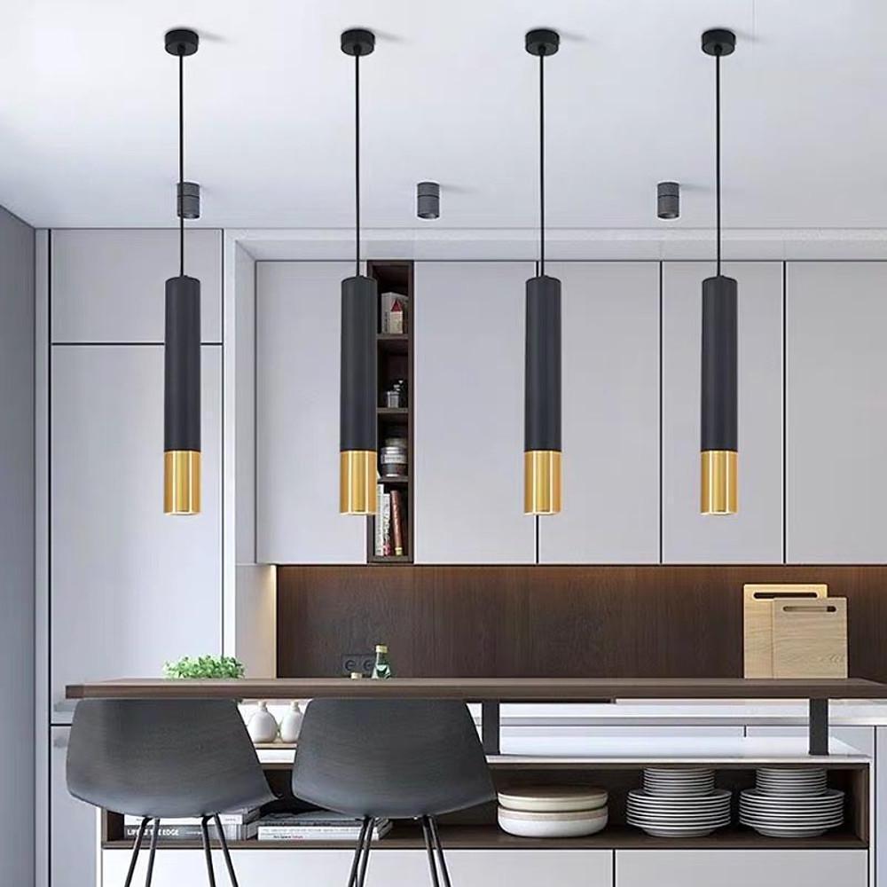 Elongated Cylinder Black and Gold Metal Shade LED Modern Pendant Light Island Hanging Lights