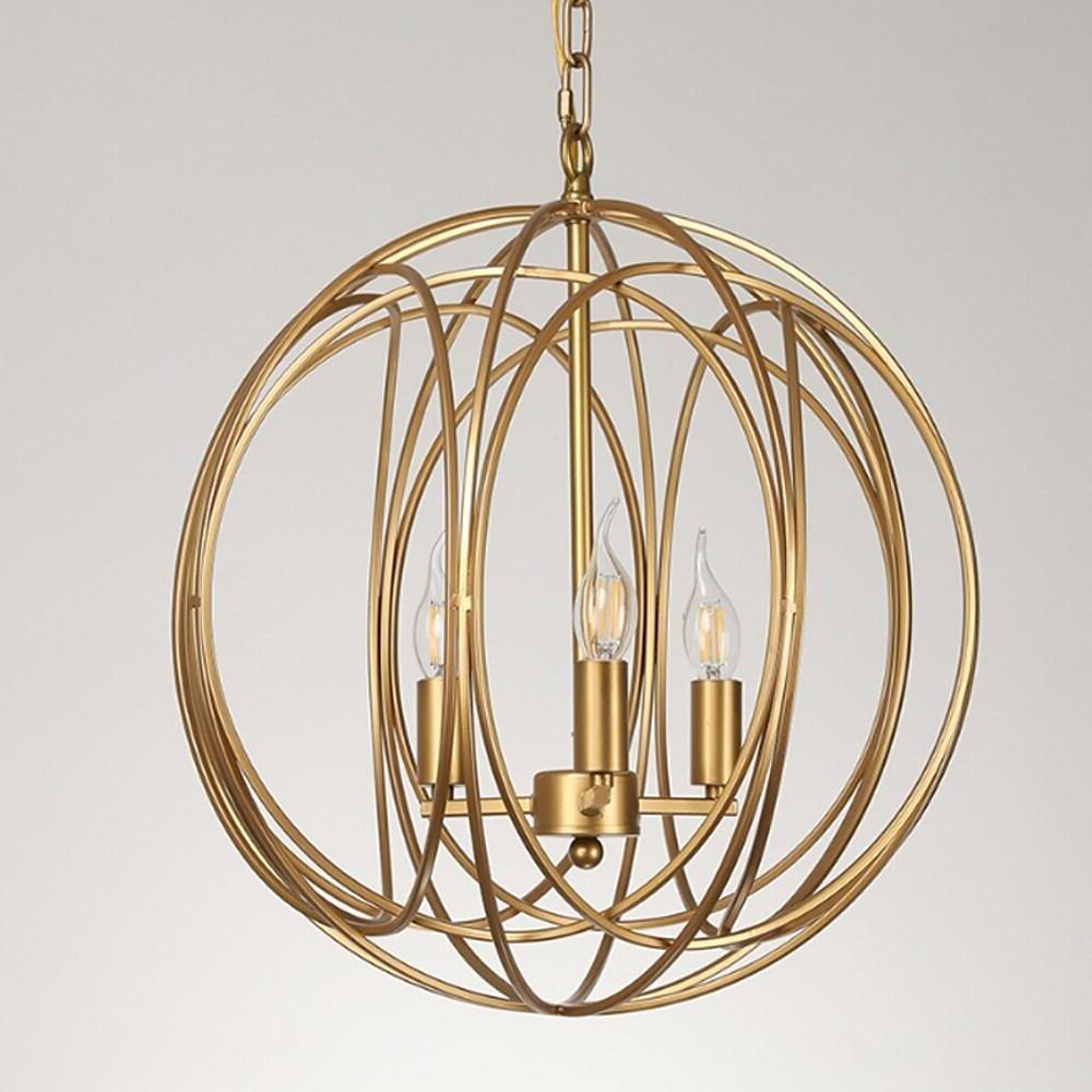 3 - Light LED Brass Globe Cage Candlestick Orb Chandelier